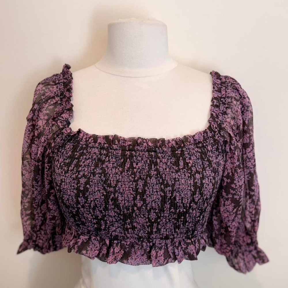 Purple Floral Smocked Puff Sleeve Crop Top 💜✨